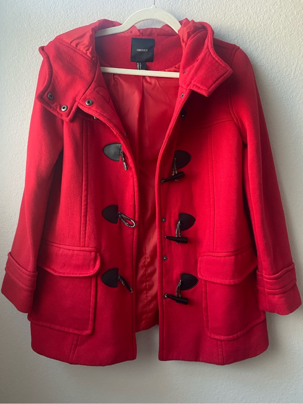 Forever 21 Red Toggle Pea Coat with Hood